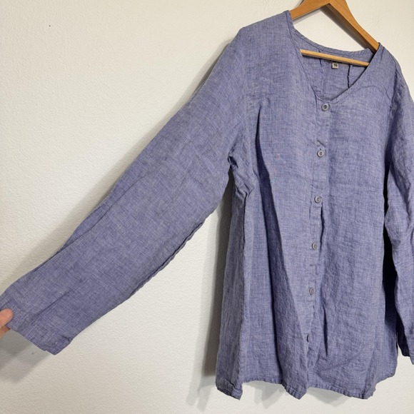 FLAX Shirt Women's 1G 1X Blue Linen Button Front Tunic Top Long Sleeve Lagenlook - Picture 4 of 14
